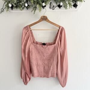 J. Crew Smocked Swuarebeck Featherweight Satin Cropped Blouse Medium Pink L9047